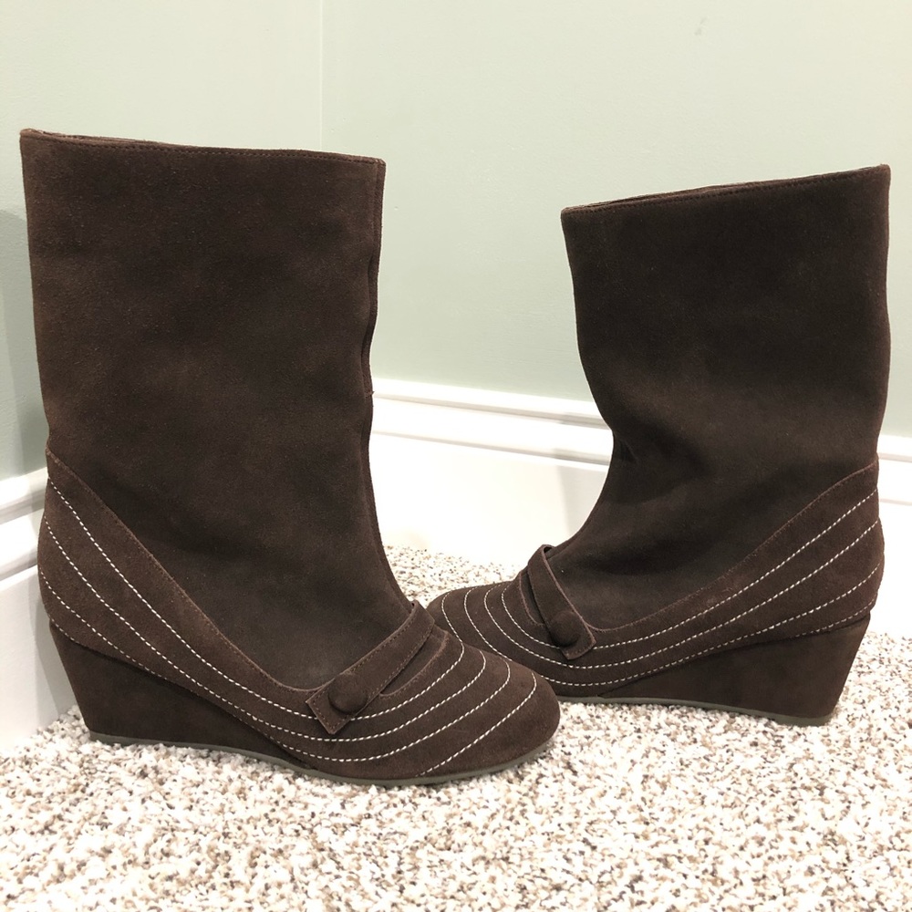 Anthropologie Pink Studio Brown Suede Wedge Boot